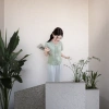Light green patterned V-neck short-sleeved top, Chinese-style top details Picture